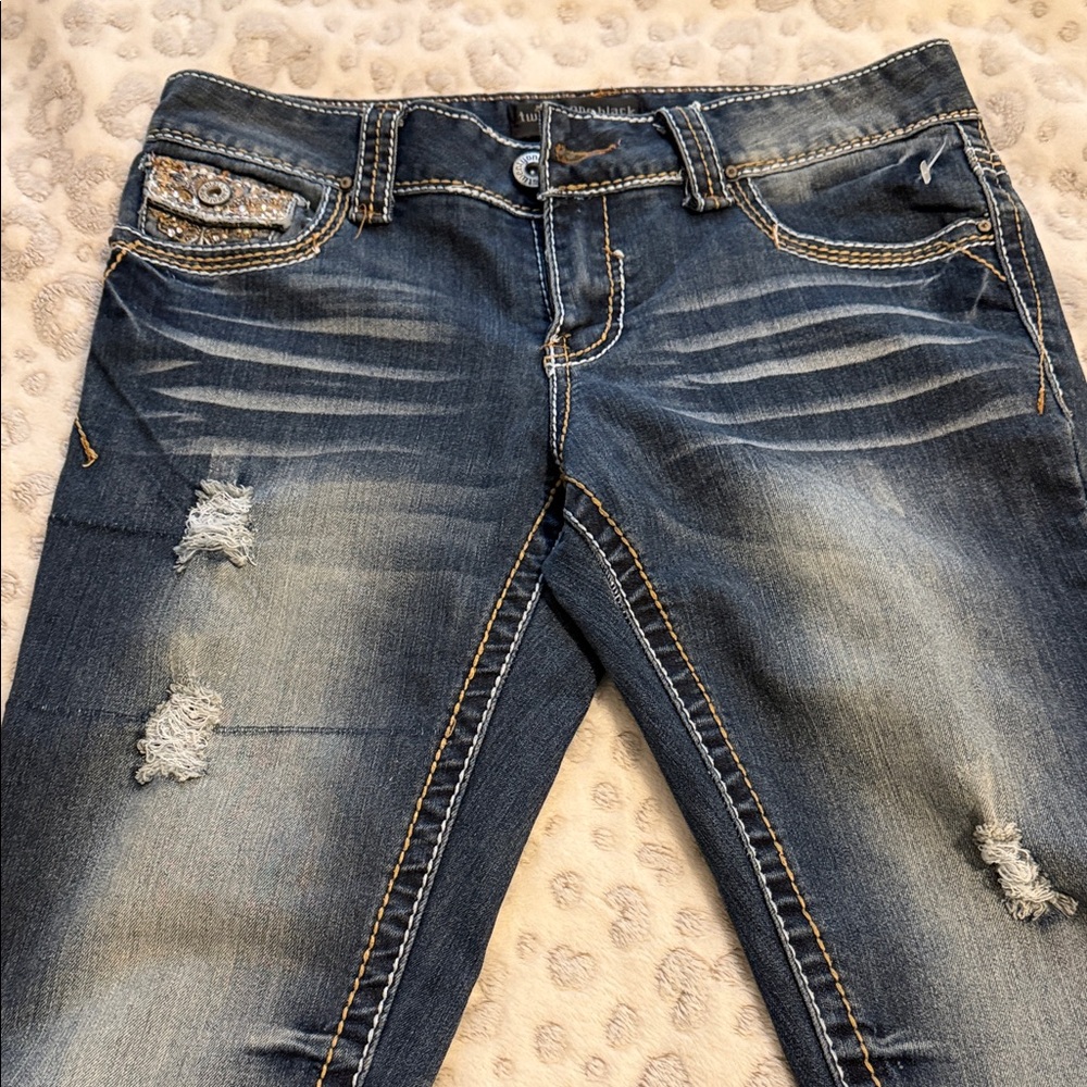 Women’s Distressed Mid-Rise Skinny Jeans in Dark Blue